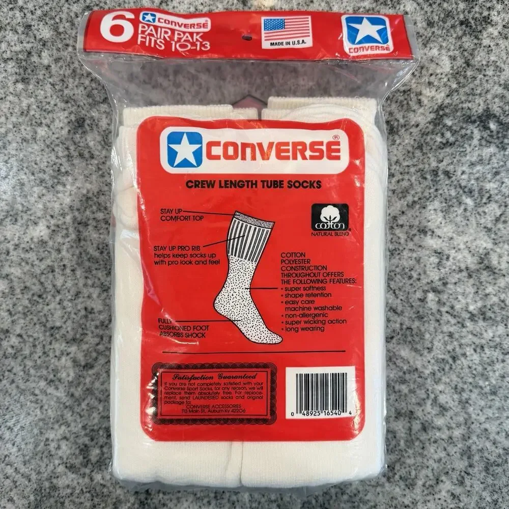 VINTAGE- Converse Chuck Taylor All Star Crew/Tube Socks- 6 PAIR PAK- White 10-13